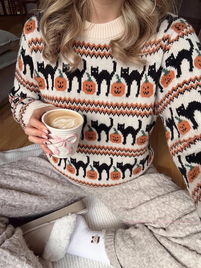 CovetEZ Autumn New Halloween Pumpkin Cat Round Neck Long Sleeve Women's Knit Sweater, Autumn/Winter Style, Suitable For Daily Commute, Date, Party, Autumn/Winter, Summer, Party, Wedding, Beach, Graduation Ceremony And Other Occasions, Elegant Casual, Suitable For Outing, Y2K Style, Music Festival And Other Scenes, Halloween Party