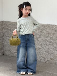 DAZY Tween Girl Wide Leg Loose Casual Denim Jeans With Pockets - Medium Wash - View 2