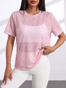 SHEIN Velisys 女款素色圓領短袖休閒健身運動T恤 - 彩色 - 查看 6