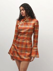 TRNVIE 2026秋季新款女式約會與派對洋裝，現代中式風格橘色格紋旗袍迷你洋裝 - 彩色 - 查看 3