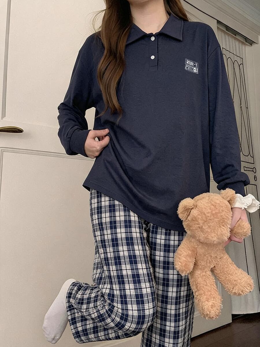 DAZY 女款牛仔長袖上衣與拼接長褲休閒日常居家服套裝 - 藏蓝色 - 查看 1
