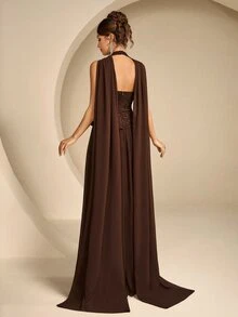 Coutiva Gaun Malam Wanita Warna Polos Berlipit Elegan yang Mempertegas Pinggang - Coffee Brown - View 8