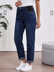 SHEIN 孕婦時尚百搭鈕扣口袋牛仔褲 女款西部牛仔風穿搭 - 藍色 - 查看 6