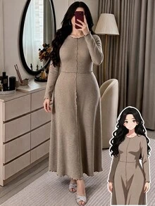 Feyla Plus Size Minimalist Pleated Frill Trim Fashion Versatile Dress - Khaki - View 1