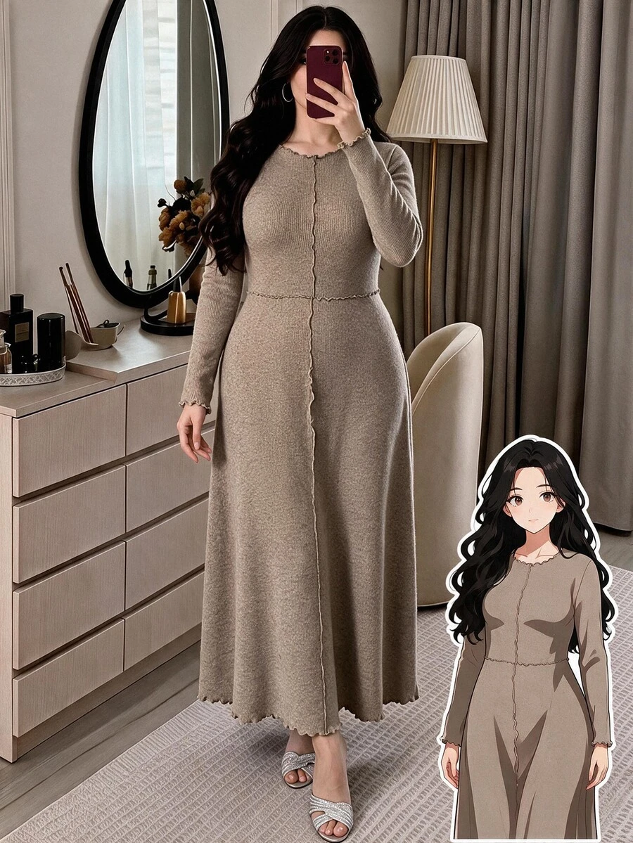 Feyla Plus Size Minimalist Pleated Frill Trim Fashion Versatile Dress - Khaki - View 1