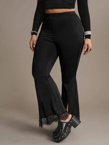 Freevana Plus Size French Lace Patchwork Split Hem Pants - Black - View 4