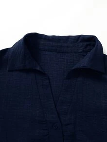 Rusticease Plus Size Button Textured Drawstring Top And Pants 2 Pieces Set Fall - Navy Blue - View 4