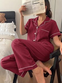 Napfluff 春夏女款休閒舒適條紋圖案開襟短袖長褲睡衣套裝 - 酒紅色 - 查看 1