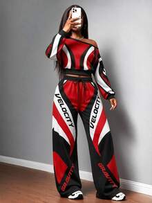 Slaydiva Women's Casual One Shoulder Sweatshirt & Straight Leg Sweatpants Two Pieces Set, Streetwear, Racing Outfit - Multicolor - View 4