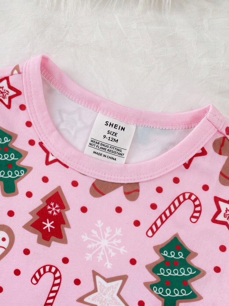 SHEIN Baby Girl Christmas Gingerbread Man Print Elastic Long Sleeve Top & Printed Pajama Pants Fleece Thick Pajama Set Suitable For Winter - Pink - View 6