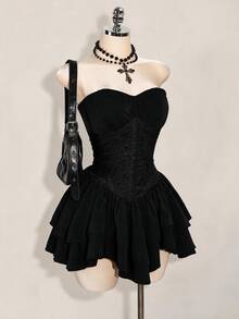 SHEIN ICON Women's Solid Color Pleated Casual Daily Summer Strapless Mini Dress - Black - View 1