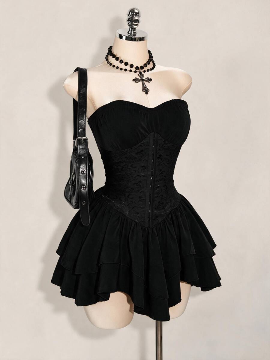 SHEIN ICON Women's Solid Color Pleated Casual Daily Summer Strapless Mini Dress - Black - View 1