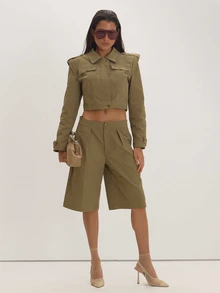 MUSEYN Khaki Woven Tailored Bermuda Shorts Versatile Everyday Casual Fall - Army Green - View 2