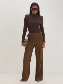 MUSEYN Brown Suede Slim Leg Belt Waistband Detail Pants Versatile Everyday Casual Fall - Camel - View 1