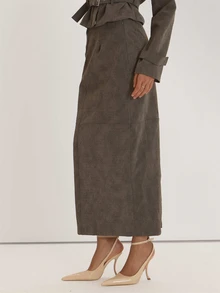 MUSEYN Grey PU Woven Detail Maxi Skirt Jacket Versatile Everyday Casual Fall - Olive Green - View 3