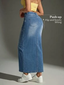 Comfortcana Women's Fashion Versatile Front Slit Pocket Denim Skirt - Medium Wash - View 2