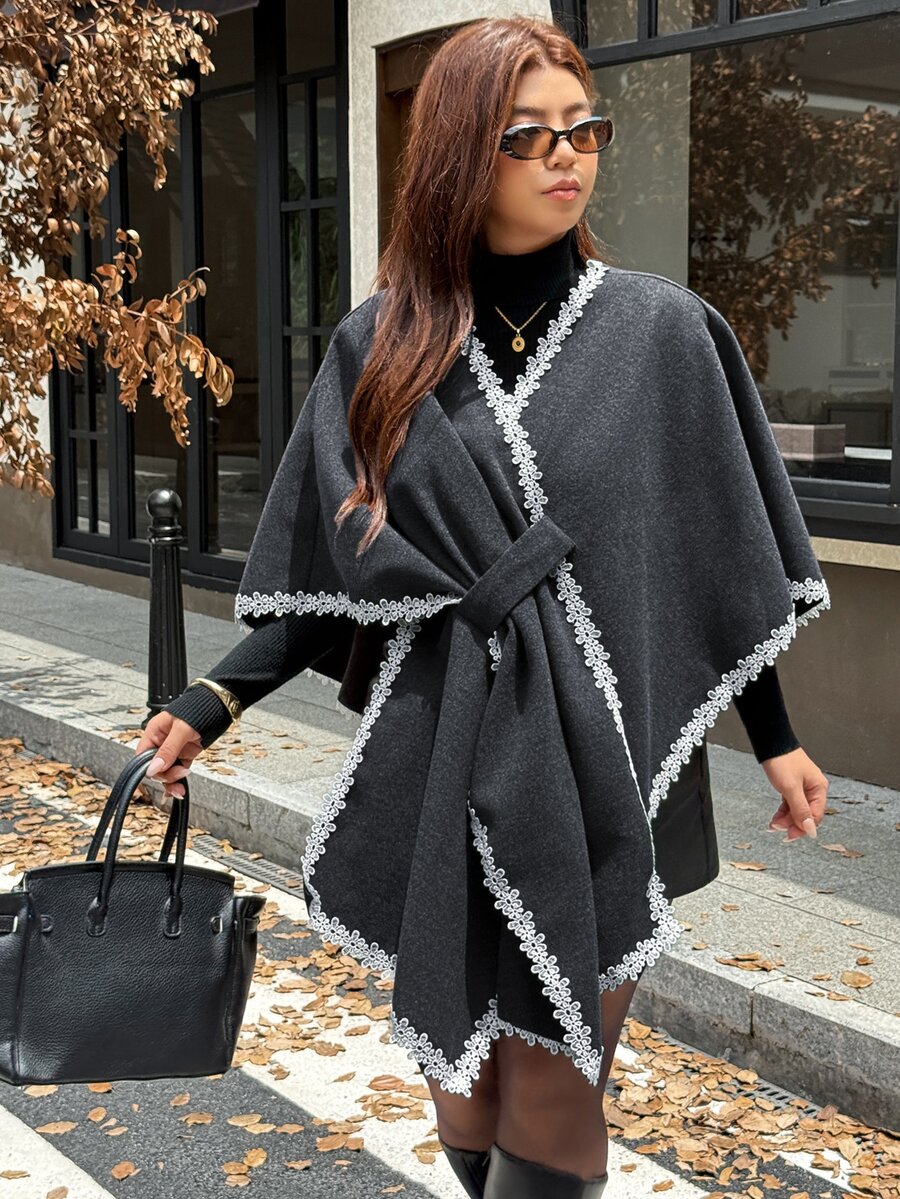 Vionelle Plus Size Women Elegant Solid Color Grey Wool Shawl Collar Lace Patchwork Asymmetrical Hem Loose Fit Autumn Winter Overcoat - Dark Grey - View 1