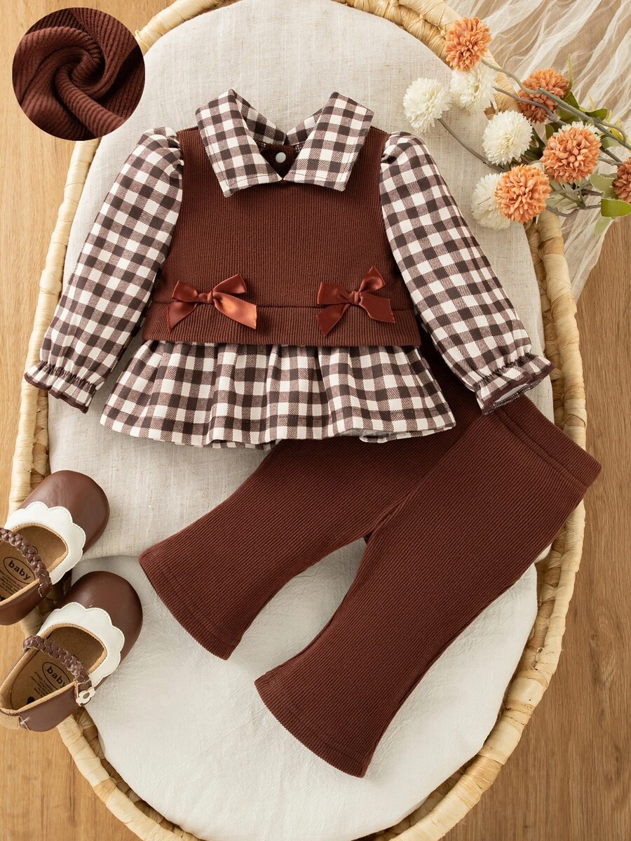 SHEIN 2pcs Newborn Baby Girls' Knitted Plaid Patchwork Long Sleeve Bow T-Shirt Top And Ribbed Pants Set, Casual Outfit - Brown - View 1