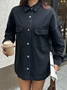 Rivivi 女款單排扣休閒牛仔夾克，適合日常穿著 - 黑色 - 查看 6