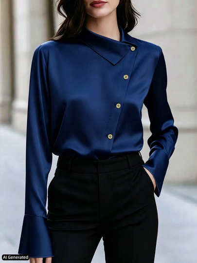 SHEIN Women's Asymmetric Placket Lapel Long Sleeve Shirt, Navy Blue Asymmetrical Button Flared Blouse, Elegant Commuter Top, Suitable For All Seasons, Fashionable Versatile Shirt