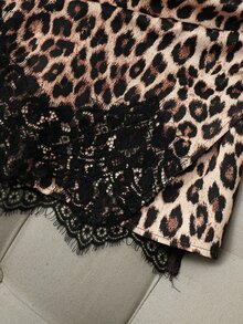 Franclia Sexy Leopard Print Plus Size Mini Skirt, High Waist Side Ruched Asymmetrical Slit Lash Lace Bodycon Skirt, Leopard Print Plus Size Skirt - Brown - View 5