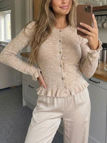 Livesso Women's Solid Color Long Sleeve Top And Pants Casual Daily Loungewear Set - Apricot - View 7