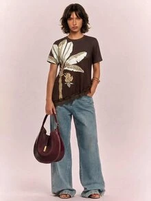 CAJUNI Chic Vacation Embroidery Golden Palm Tree Fancy Brown Lace Blouse - Brown - View 4