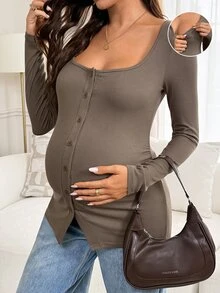 SHEIN 孕婦復古哺乳鈕扣長袖針織T恤 - 咖啡棕 - 查看 1