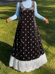 SHEIN CURVE+ Plus Size Women's Solid Color Long Sleeve Top And Lace Patchwork Polka Dot Dress Fashion Set Fall - Multicolor - View 3