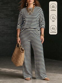 Glimmora Fashion Casual Basic Round Neck Long Sleeve Plus Size 2pcs Set Blue & White Striped Waffle Texture Fabric Pants - Multicolor - View 1