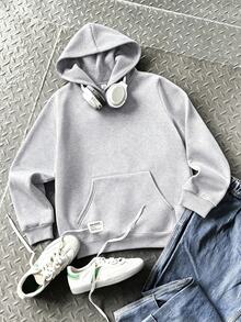 SHEIN Teen Boys Autumn Streetwear Graduation Minimalist Pullover Winter Sweatshirt,Casual College Style Comfortable Soft Fabric Basic Hooded Sweatshirt - Light Grey - View 3