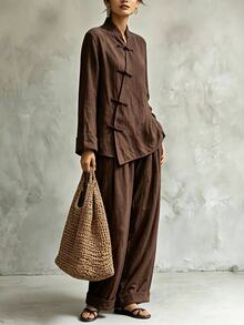 Trelyra Women's Frog Button Design Long Sleeve Shirt And Wide Leg Pants Chinese Style Elegant 2 Pieces Set - Brown - View 3
