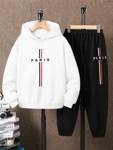 SHEIN 青少年男孩休閒百搭字母巴黎圖案連帽衛衣與長褲套裝 2件組，適合通勤、上學、日常休閒外出與運動 - 黑與白 - 查看 7