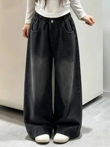 DAZY Tween Girl Casual Daily Wide Leg Denim Jeans With Pockets And Buttons - Black - View 1