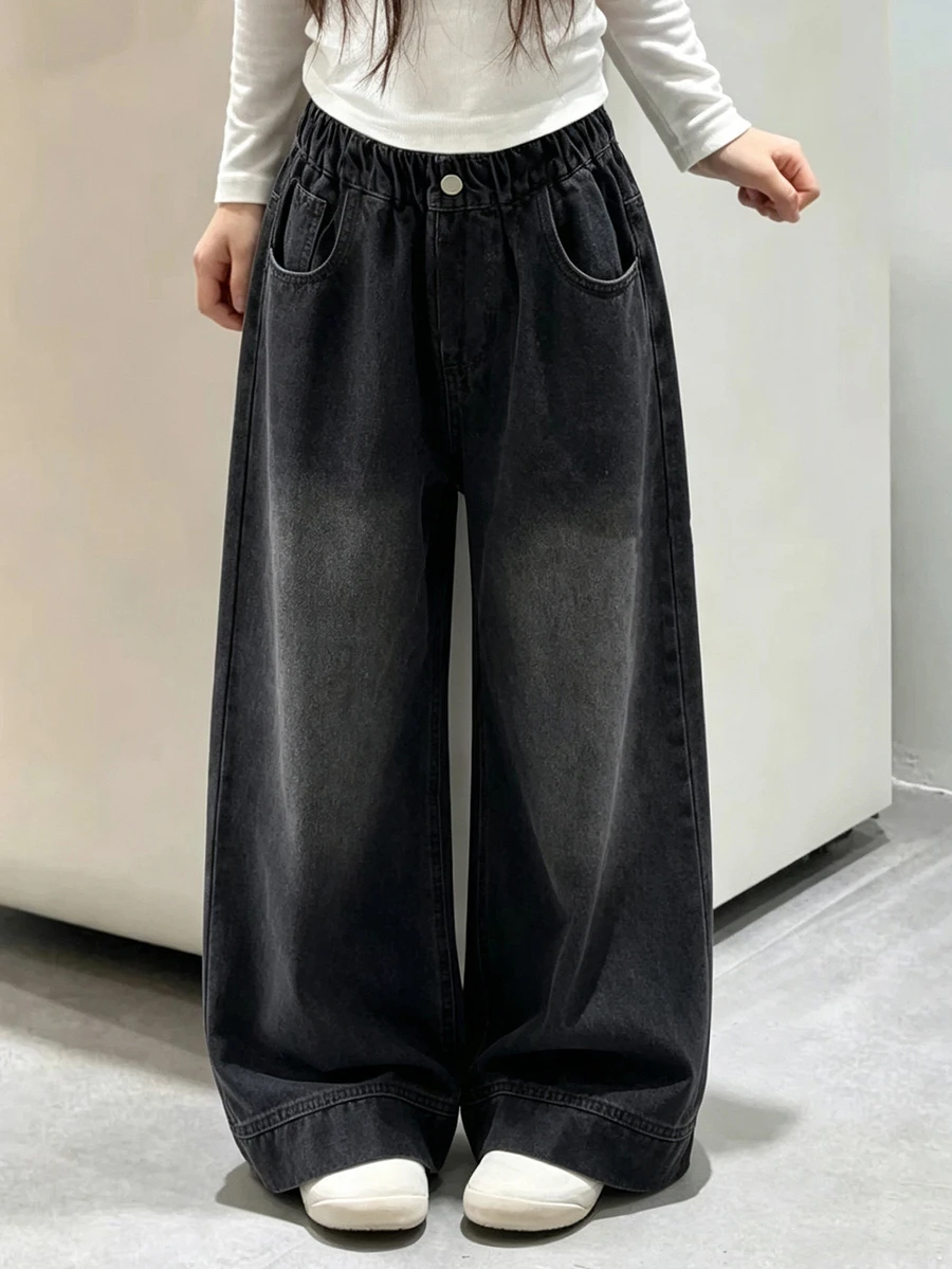 DAZY Tween Girl Casual Daily Wide Leg Denim Jeans With Pockets And Buttons - Black - View 1