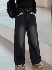 DAZY Tween Girl Casual Daily Wide Leg Denim Jeans With Pockets And Buttons - Black - View 8
