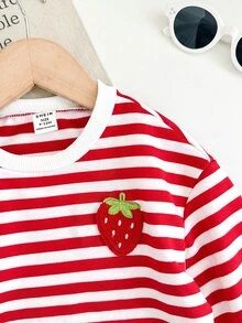 SHEIN 女嬰條紋草莓圖案休閒日常長袖運動衫 - 紅色 - 查看 3