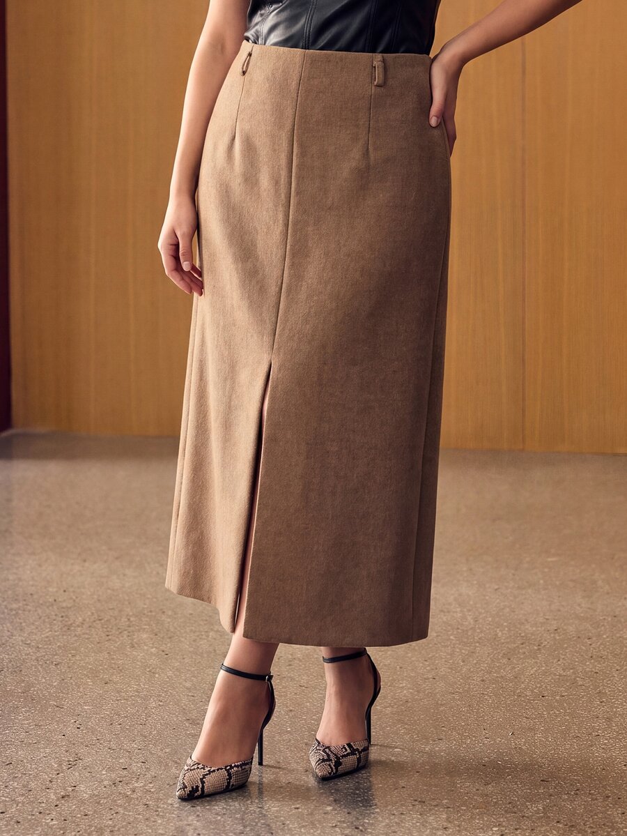 MOTF PREMIUM PLUS SIZE WOMEN HERRINGBONE WOOL BLEND SEQUIN STRAIGHT SKIRT - Brown - View 2