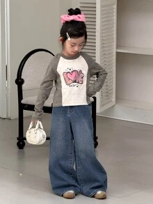 DAZY 青少年女孩寬腿寬鬆休閒百搭牛仔褲，附口袋 - 深色水洗藍 - 查看 3