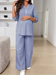 SHEIN 孕婦藍白條紋捲袖襯衫與可調腰長褲休閒套裝，寬鬆兩件式，適合秋季派對、旅行與外出 - 淺藍色 - 查看 6