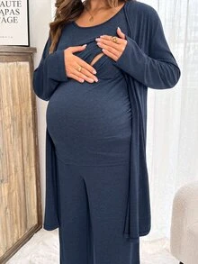 Slowluna 孕婦純色長袖晨袍、純色圓領背心上衣與可調腰圍長褲哺乳套裝 - 藍色 - 查看 5