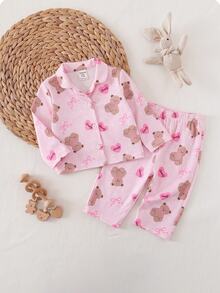 SHEIN 新生兒卡通熊印花單排扣上衣與褲子套裝 - 粉色 - 查看 2