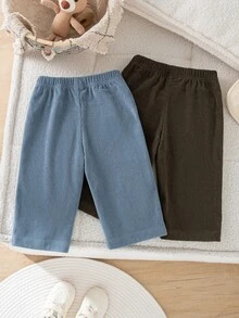 SHEIN Vintaside Kids 2件組幼兒男童燈芯絨長褲 學院風可愛棕色與藍色抽繩彈性腰羅紋直筒寬腿戶外秋季聖誕假期褲 - 彩色 - 查看 2