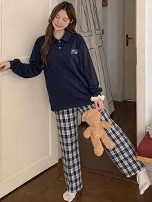 DAZY 女款牛仔長袖上衣與拼接長褲休閒日常居家服套裝 - 藏蓝色 - 查看 5