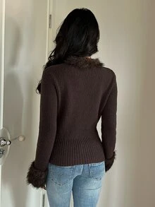 Aloruh Sweater Kancing Patchwork Kerah Bulu Imitasi Vintage Wanita - Coklat - View 2