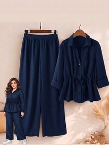 Rusticease Plus Size Button Textured Drawstring Top And Pants 2 Pieces Set Fall - Navy Blue - View 1