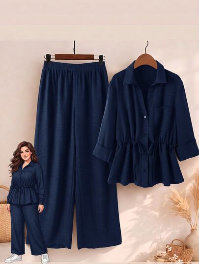 Rusticease Plus Size Button Textured Drawstring Top And Pants 2 Pieces Set Fall
