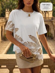 CAJUNI Tropical Print Drop Shoulder Tee - White - View 1