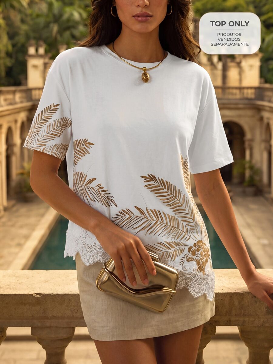 CAJUNI Tropical Print Drop Shoulder Tee - White - View 1