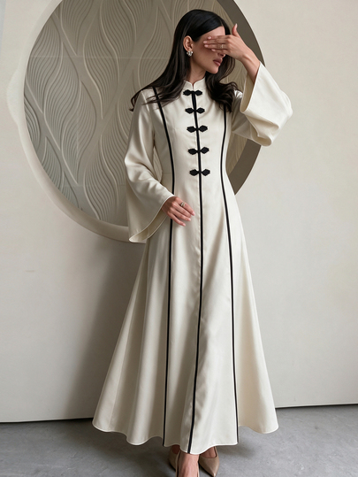 Yasmyna Women's Apricot & Black Contrast Color Stand Collar Waist Cinched Flared Sleeve Frog Button Arabian Dress